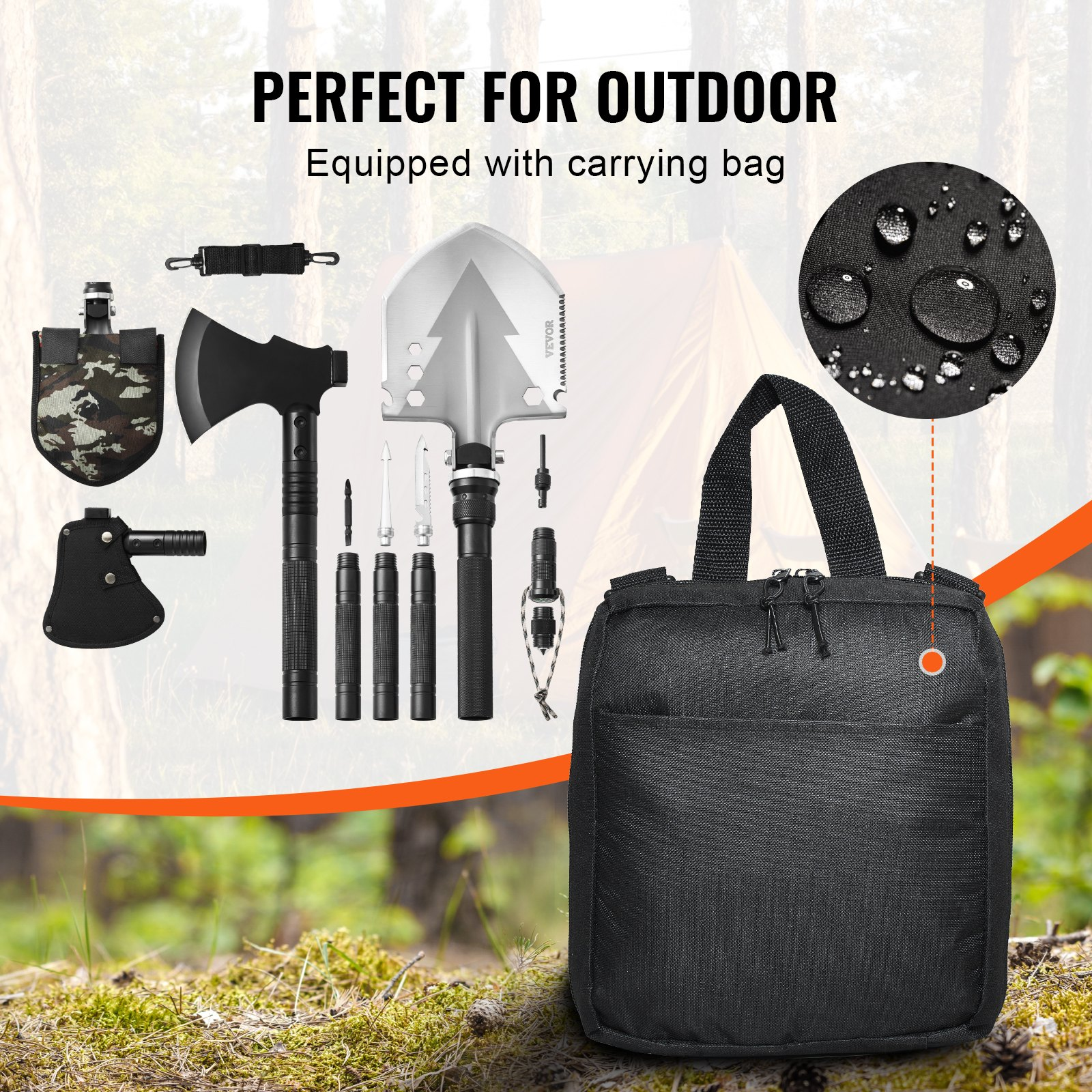 Start2Finish VEVOR survival shovel and axe combo, 16-in-1 camping folding tool with stainless steel tactical blade and hatchet.