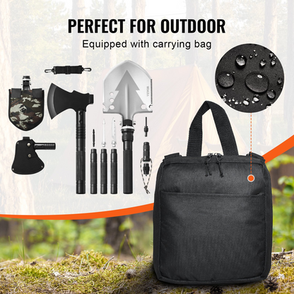 Start2Finish VEVOR survival shovel and axe combo, 16-in-1 camping folding tool with stainless steel tactical blade and hatchet.