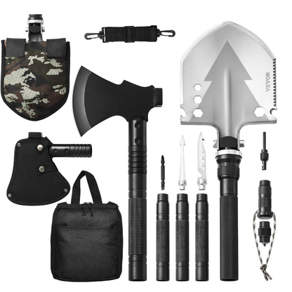 VEVOR Survival Shovel and Axe combo, 16-in-1 camping folding tool with stainless steel tactical shovel, hatchet, and multifunctional gear.