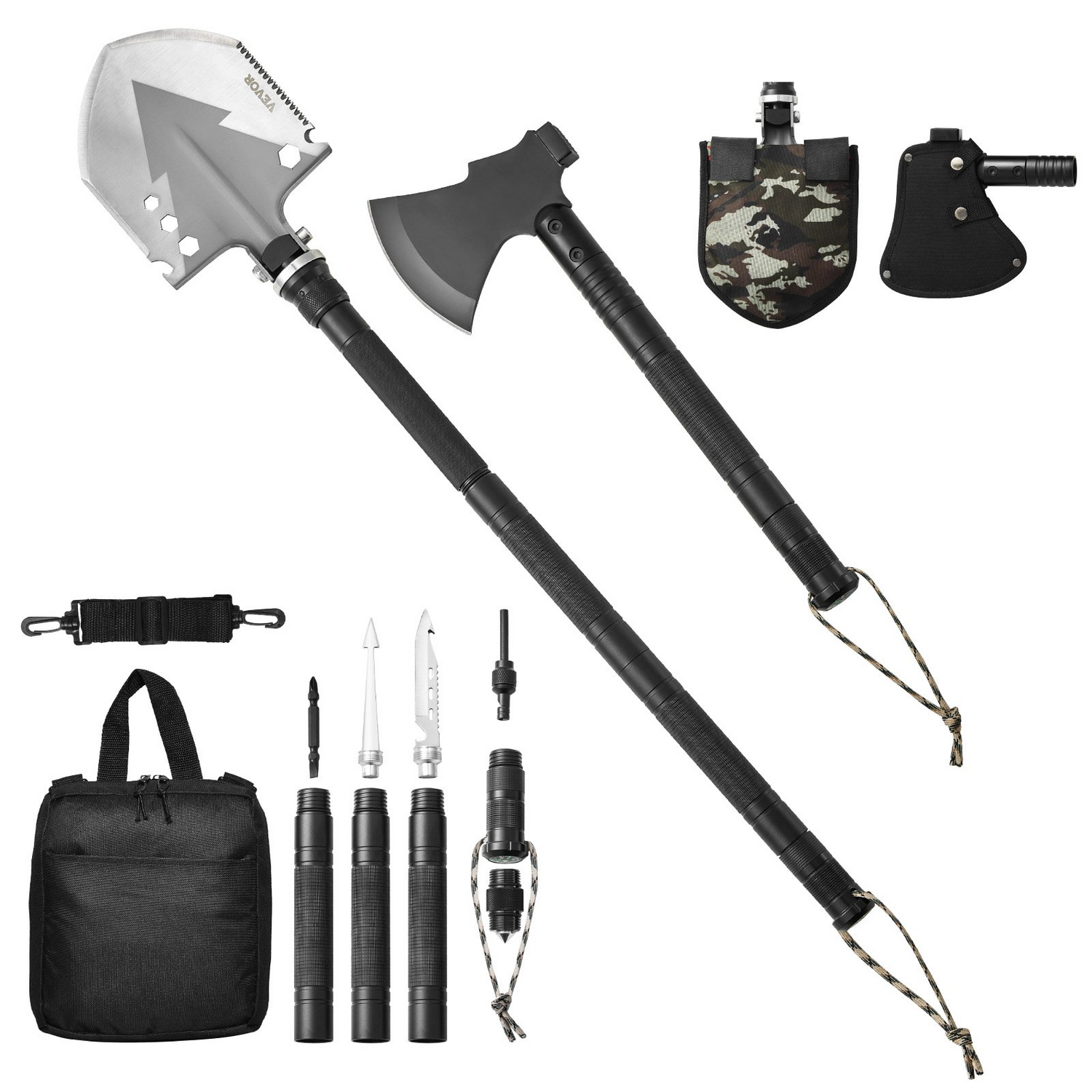 Start2Finish VEVOR 16-in-1 survival shovel and axe combo, stainless steel tactical camping tool with multiple functions for outdoor emergencies.