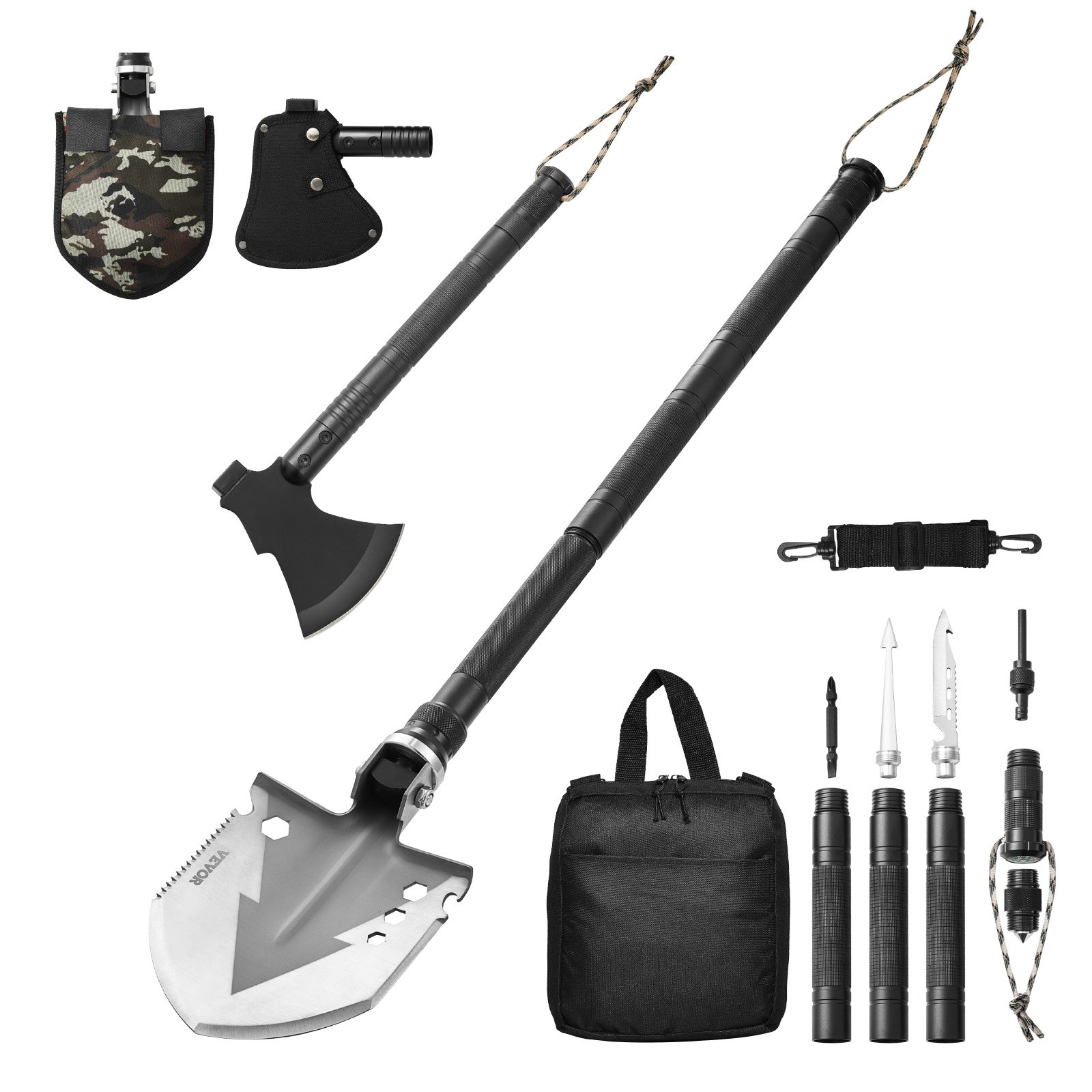 Start2Finish VEVOR 16-in-1 survival shovel and axe combo, stainless steel tactical tool for camping, hiking, and emergency use.