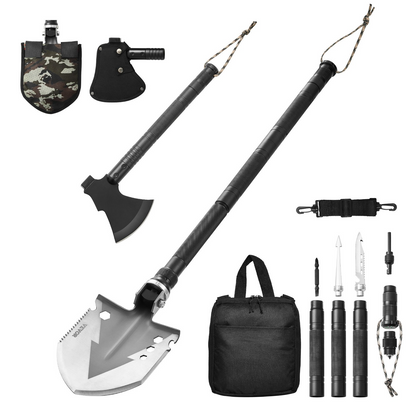 Start2Finish VEVOR 16-in-1 survival shovel and axe combo, stainless steel tactical tool for camping, hiking, and emergency use.