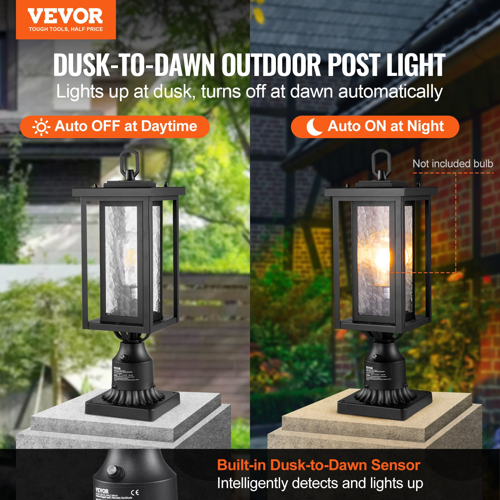 Start2Finish VEVOR outdoor dusk to dawn post lights with glass shades, waterproof lamp fixtures on 17.72-inch columns for patio or garden