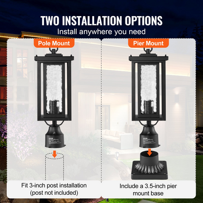 Start2Finish VEVOR 2-pack dusk to dawn outdoor post lights with glass shades, waterproof, 17.72 inches, for garden and pathway lighting.