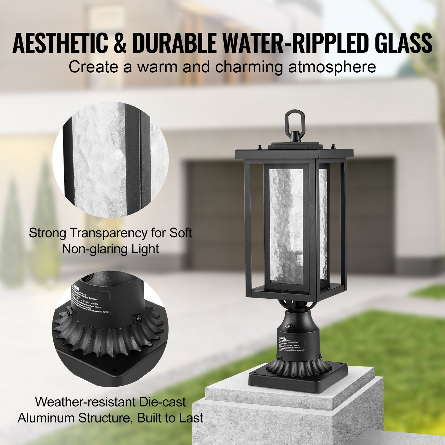 Start2Finish VEVOR dusk to dawn outdoor post lights with glass shades, waterproof lamp fixtures for patio and garden lighting.