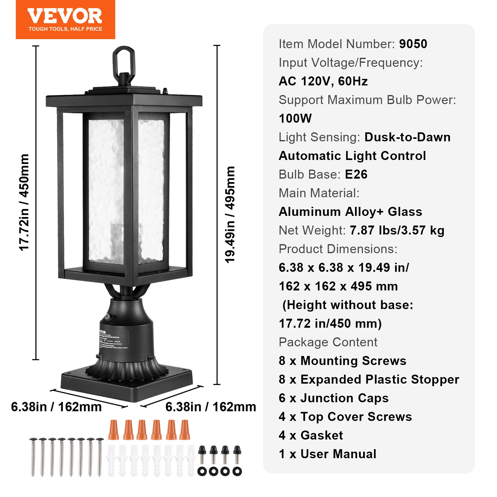 Start2Finish VEVOR dusk to dawn outdoor post lights with glass shades, waterproof lamp fixtures on 17.72-inch poles for garden or patio.