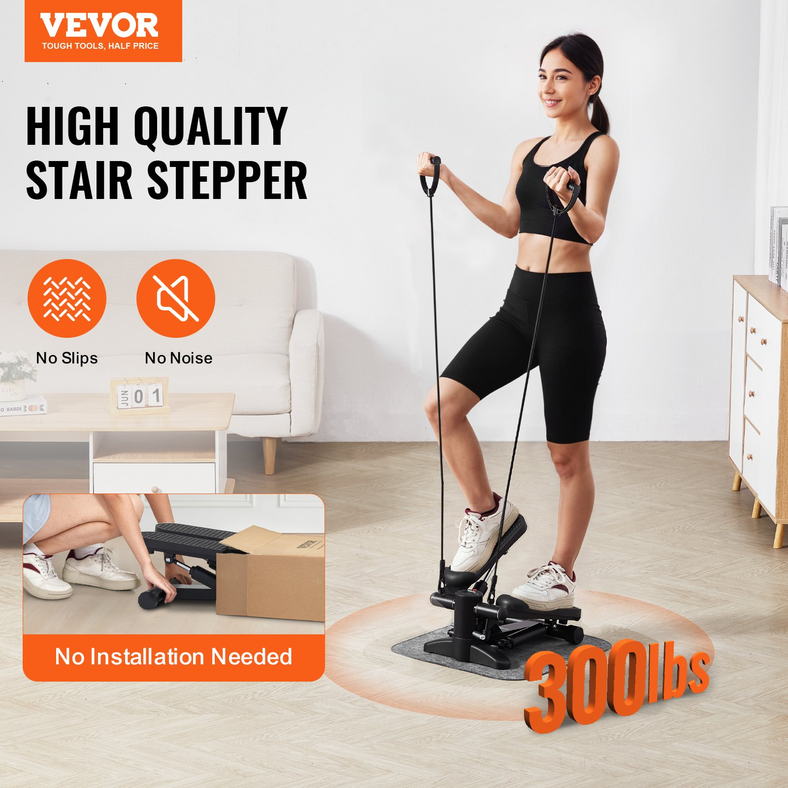 Start2Finish VEVOR mini stair stepper with resistance bands, LCD monitor, hydraulic fitness equipment for full body cardio workout.
