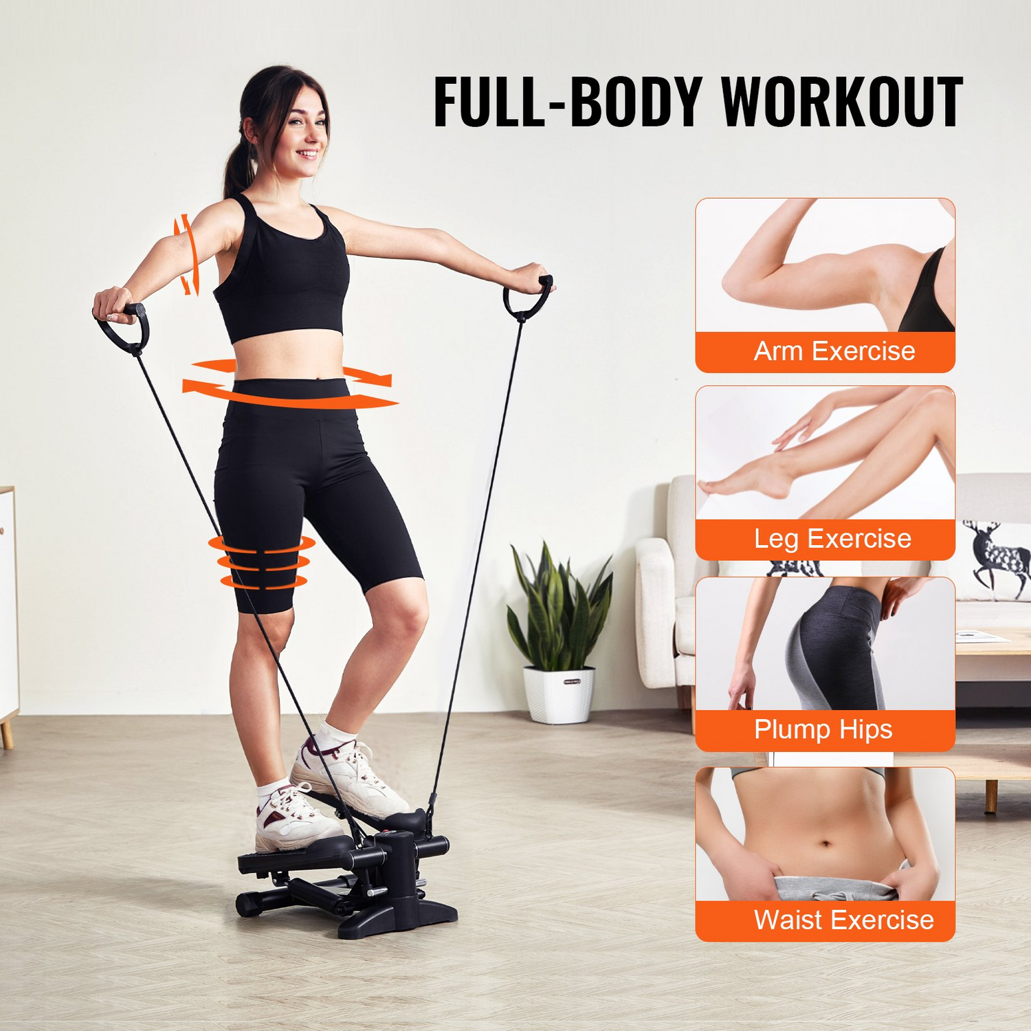 Start2Finish VEVOR mini stair stepper with resistance bands, LCD monitor, hydraulic design, suitable for full body cardio workouts.
