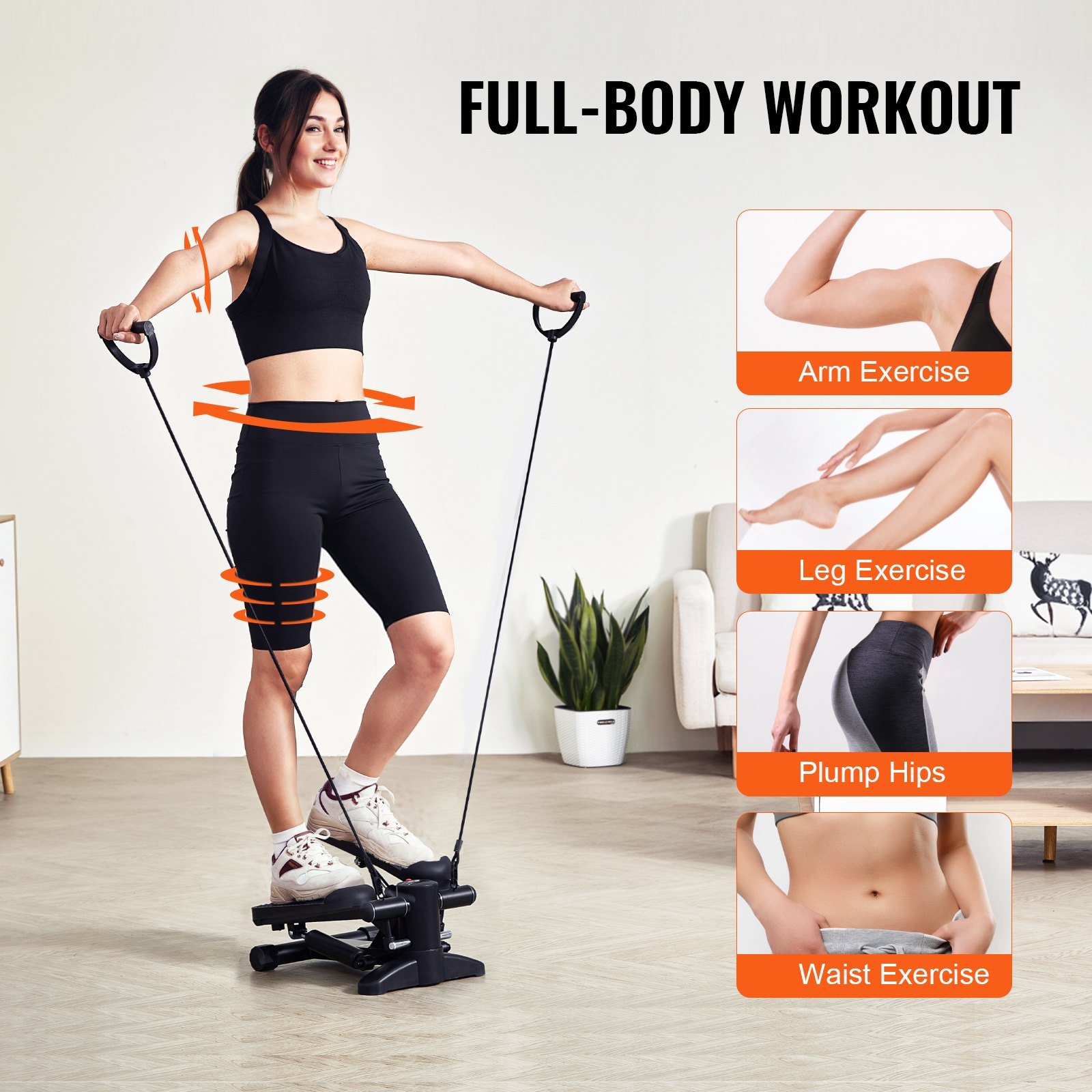 Start2Finish VEVOR mini stair stepper with resistance bands, LCD monitor, hydraulic design, suitable for full body cardio workouts.