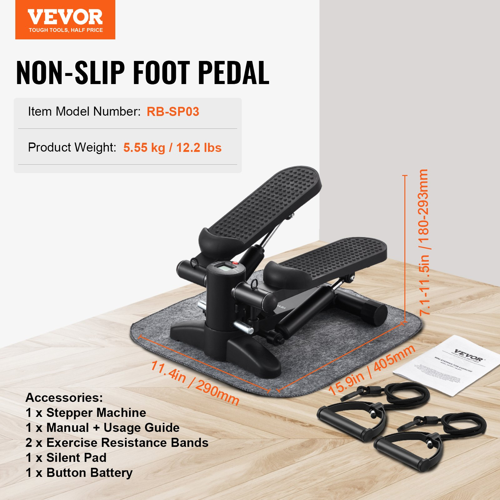Start2Finish VEVOR mini stair stepper with resistance bands, LCD monitor, hydraulic fitness equipment for full body cardio workout.