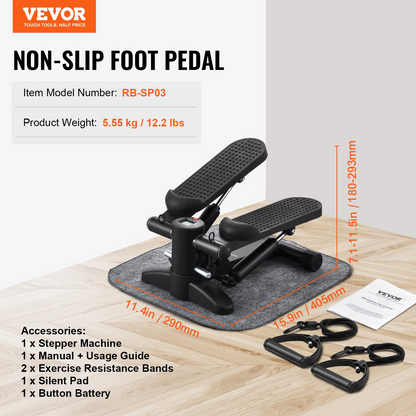 Start2Finish VEVOR mini stair stepper with resistance bands, LCD monitor, hydraulic fitness equipment for full body cardio workout.