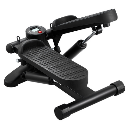Start2Finish VEVOR mini stair stepper with resistance bands and LCD monitor, compact hydraulic fitness equipment for full-body cardio workouts.
