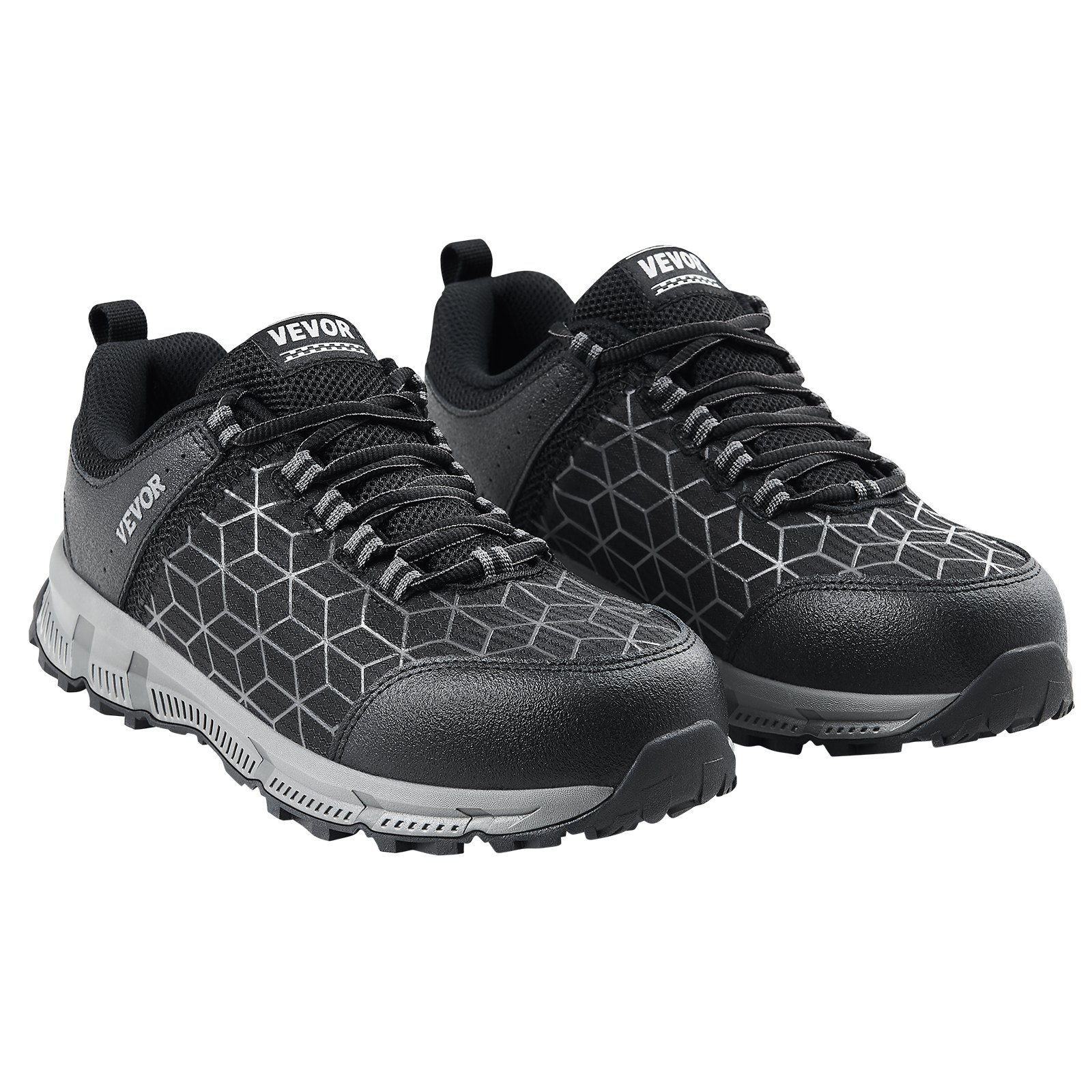 Start2Finish steel toe safety shoes for men, US size 12, black athletic work sneakers with breathable construction and cushioned soles.