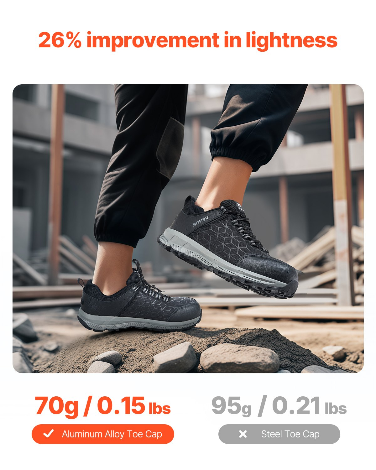 Start2Finish black steel toe safety shoes for men, US size 8.5, lightweight breathable athletic work sneakers with cushioned soles.