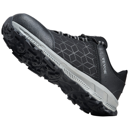 Start2Finish steel toe safety shoes for men, US size 8.5, black athletic work sneakers with breathable, lightweight construction and cushioned sole.