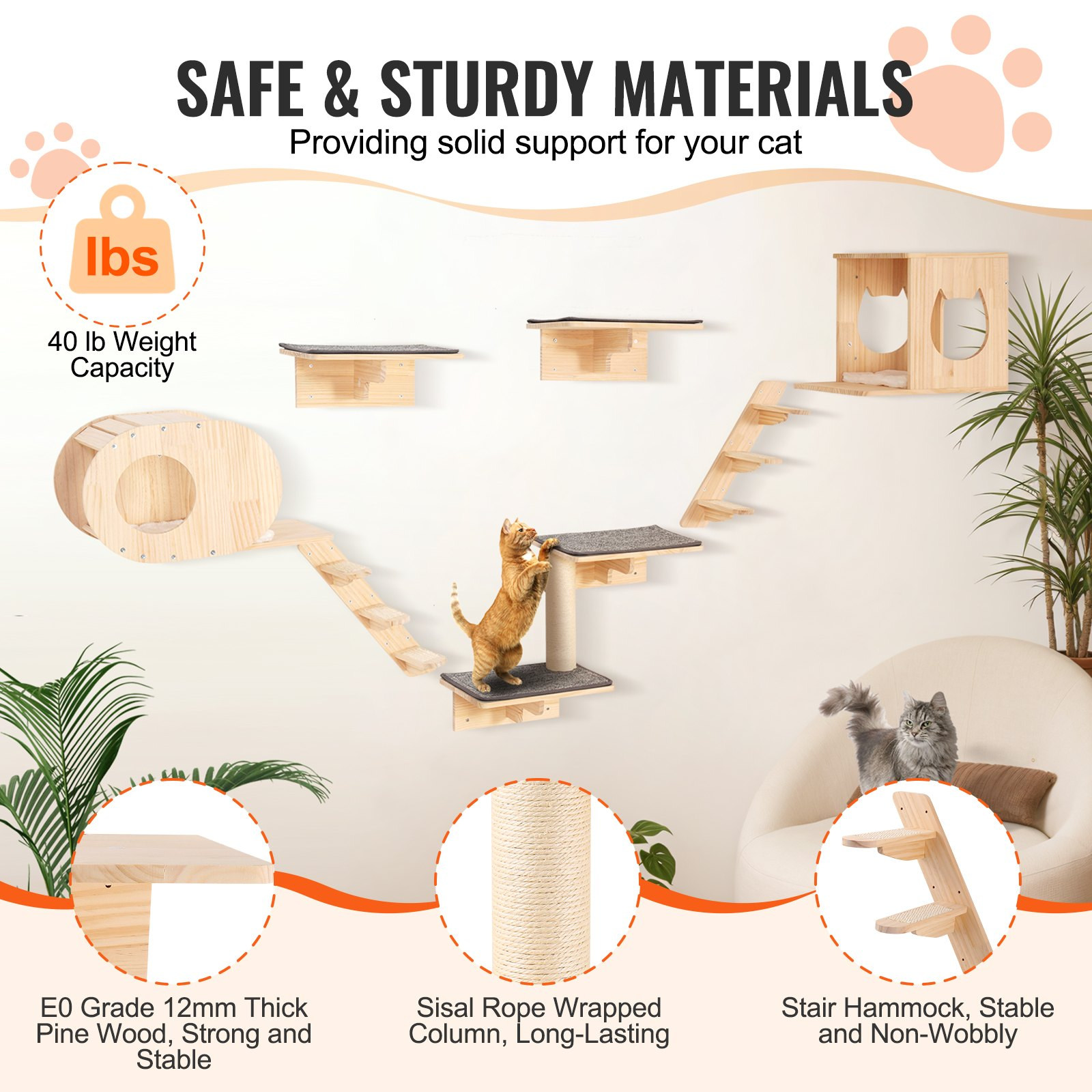 Start2Finish VEVOR wall mounted cat shelves with perches, beds, and hammocks for climbing, sleeping, and playing.