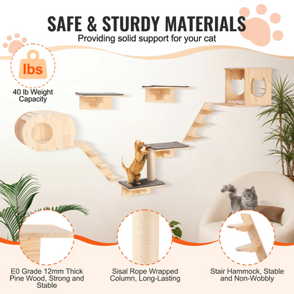 Start2Finish VEVOR wall mounted cat shelves with perches, beds, and hammocks for climbing, sleeping, and playing.