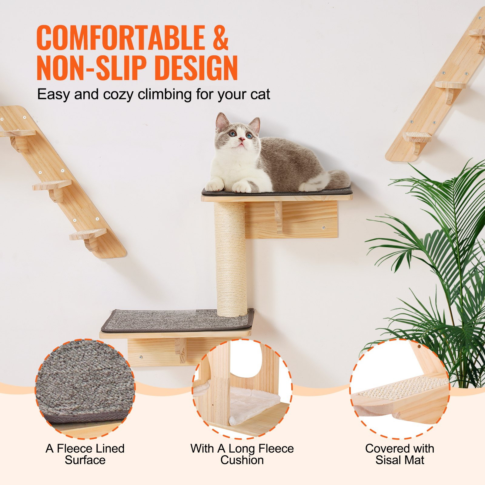 Start2Finish VEVOR wall mounted cat shelves with perches, jump boards, hammocks, and beds for climbing and resting.