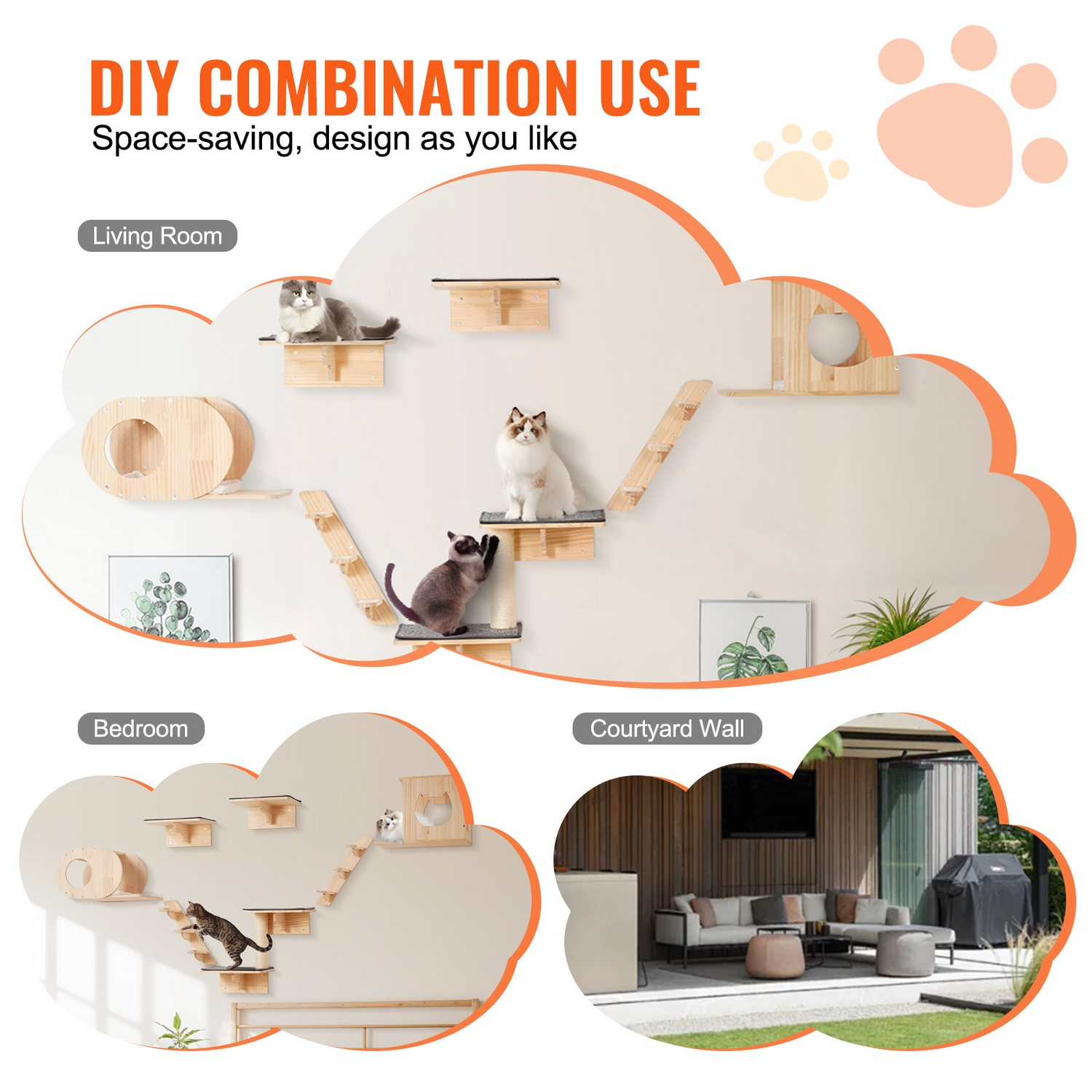 Vevor wall-mounted cat shelves and perches with jumping boards, beds, and hammocks for climbing, sleeping, and playing.