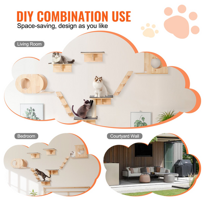 Vevor wall-mounted cat shelves and perches with jumping boards, beds, and hammocks for climbing, sleeping, and playing.