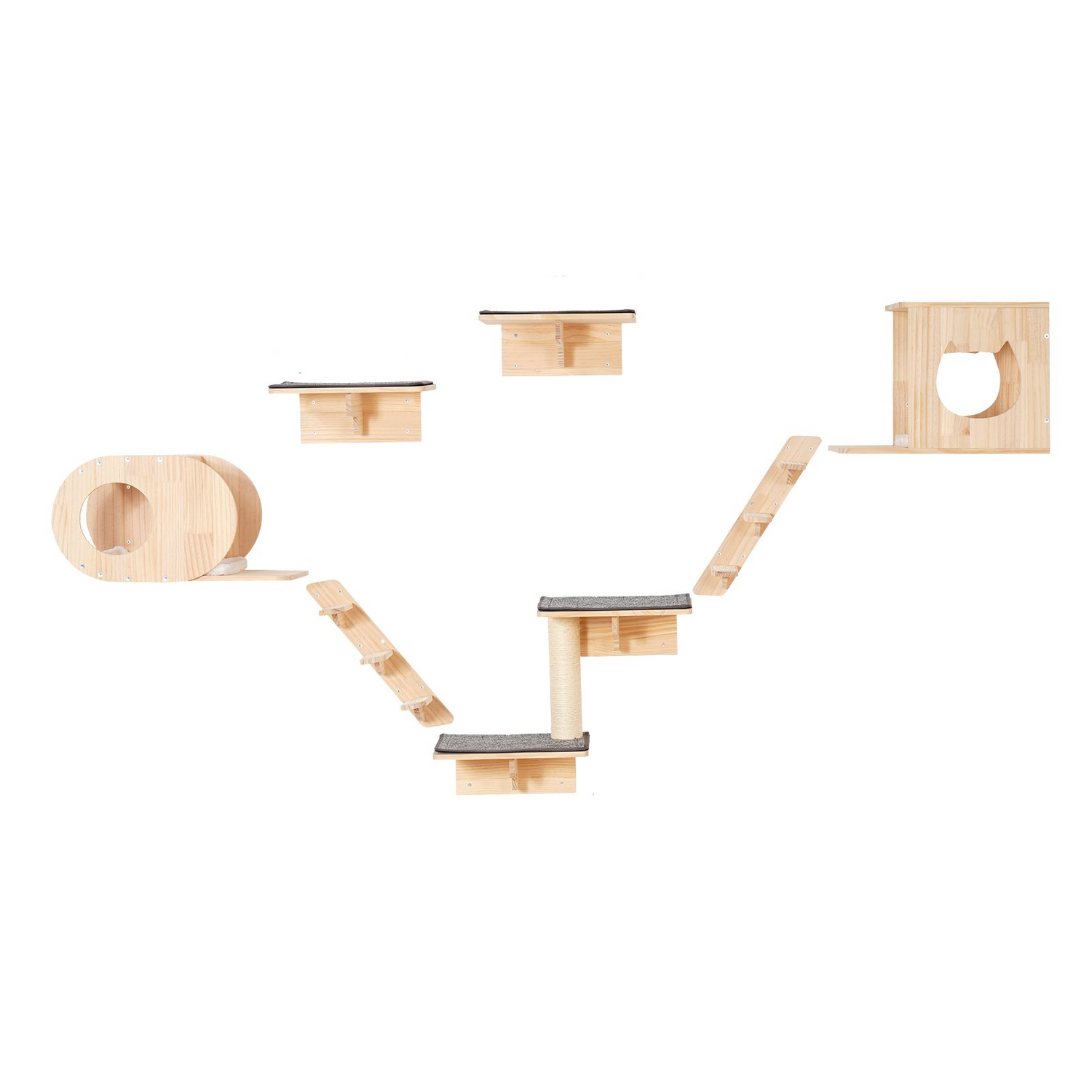 Start2Finish VEVOR wall mounted cat shelves set with perches, jumping boards, beds, and hammocks for climbing and resting.