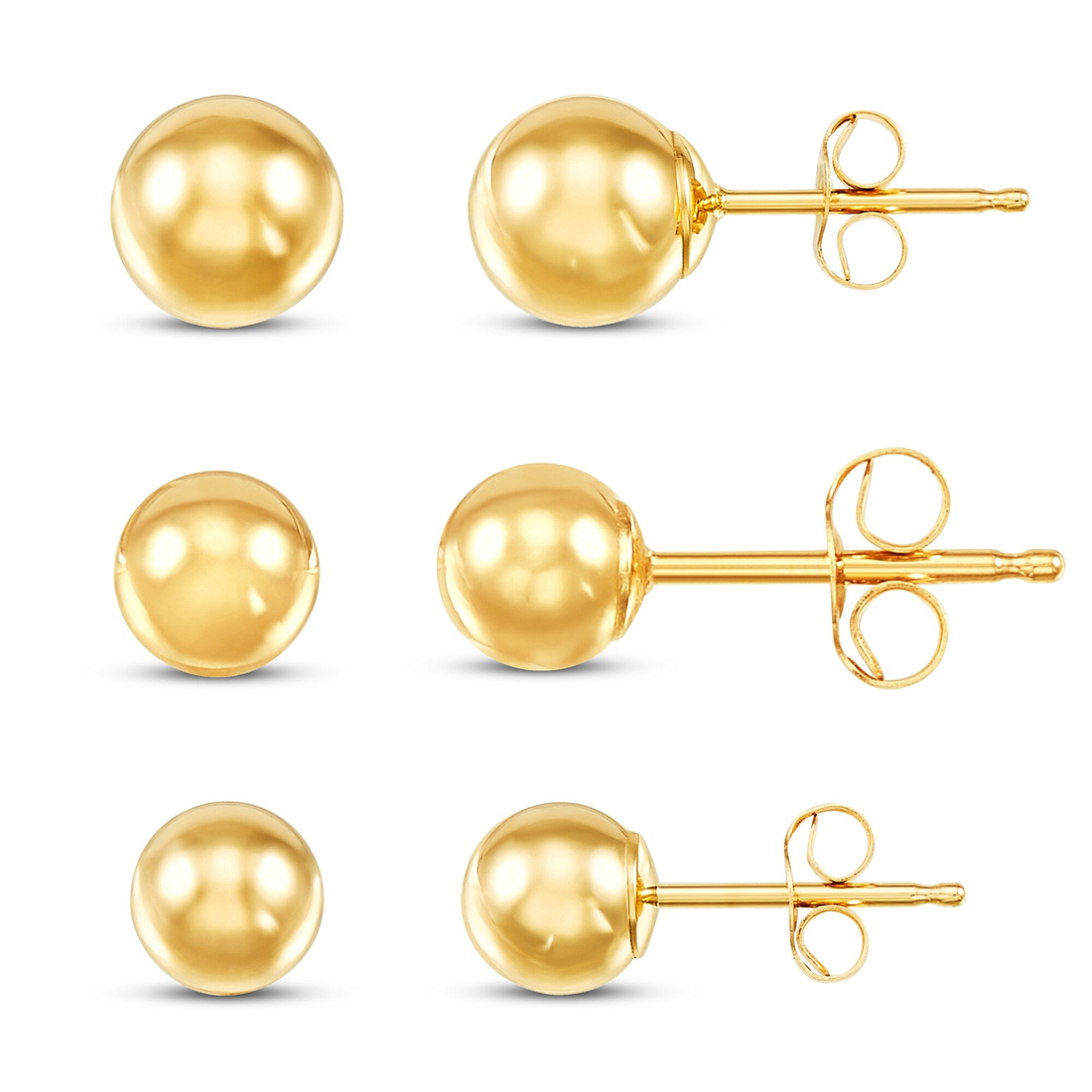 14K yellow gold ball stud earrings set with 4mm, 5mm, and 6mm sizes, featuring friction backs for secure wear.