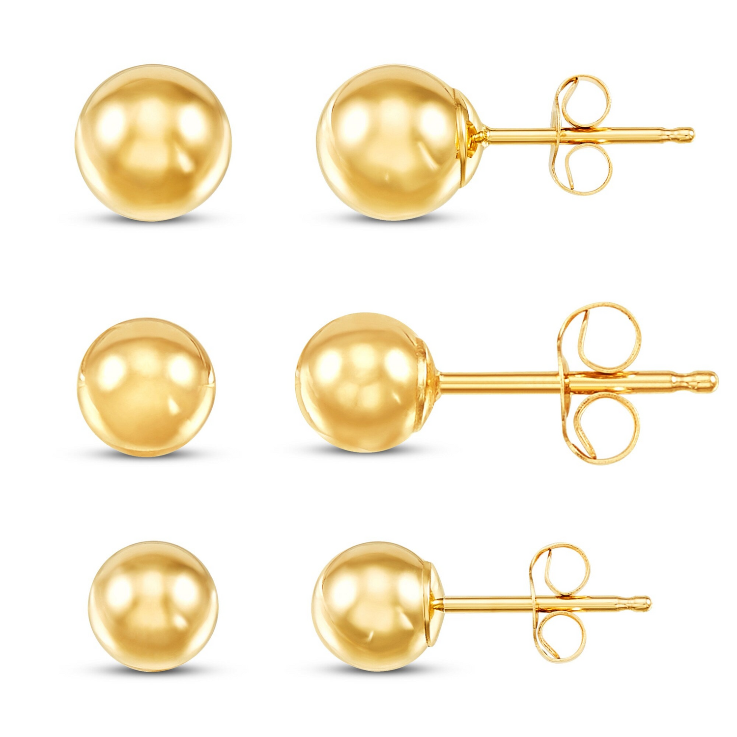 14K yellow gold ball stud earrings set with 4mm, 5mm, and 6mm sizes, featuring friction backs for secure wear.