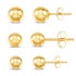 14K yellow gold ball stud earrings set with 4mm, 5mm, and 6mm sizes, featuring friction backs for secure wear.