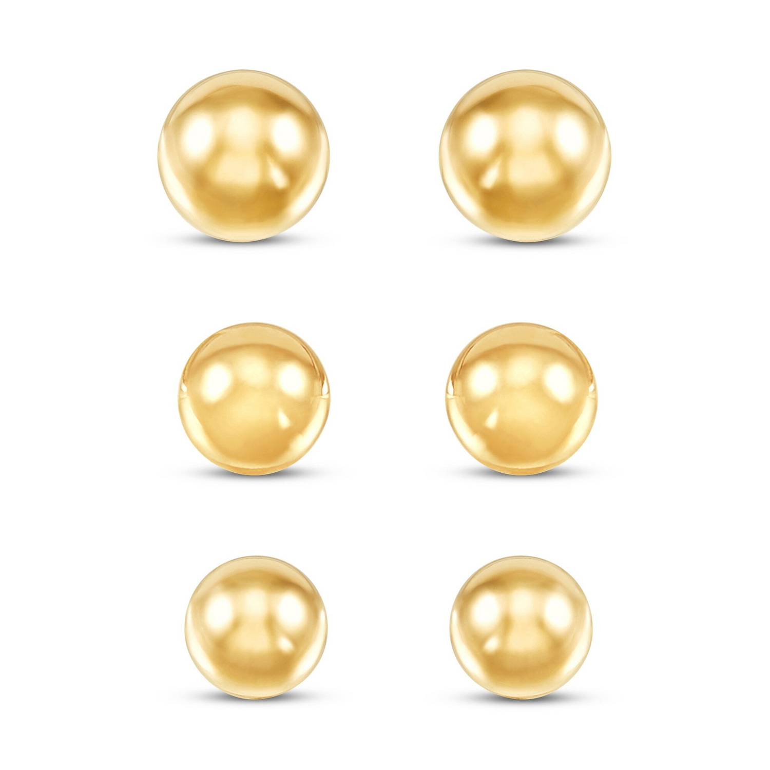 14K yellow gold ball stud earrings set with 4mm, 5mm, and 6mm sizes, featuring friction backs for secure wear.