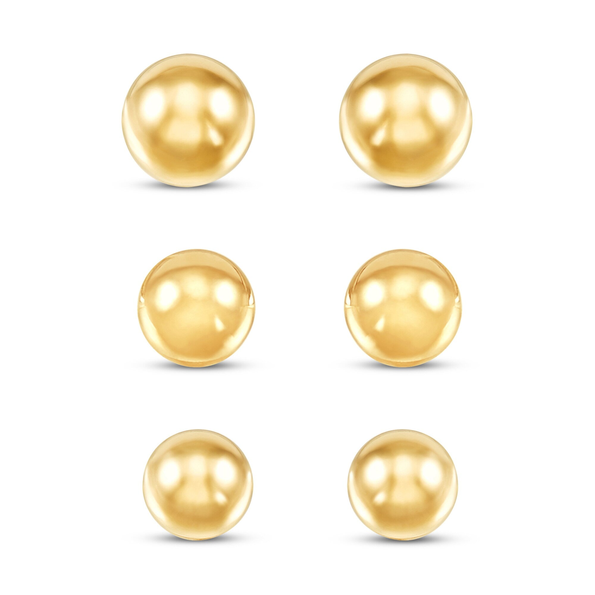 14K yellow gold ball stud earrings set with 4mm, 5mm, and 6mm sizes, featuring friction backs for secure wear.