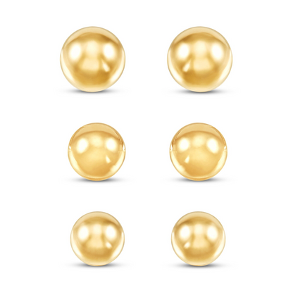 14K yellow gold ball stud earrings set with 4mm, 5mm, and 6mm sizes, featuring friction backs for secure wear.