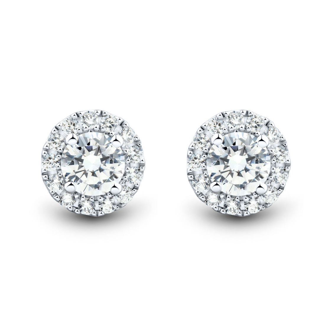 Start2Finish 1 CTW AGI certified lab-grown diamond halo stud earrings in 14K white gold with F-G/VS diamonds, sleek and elegant.