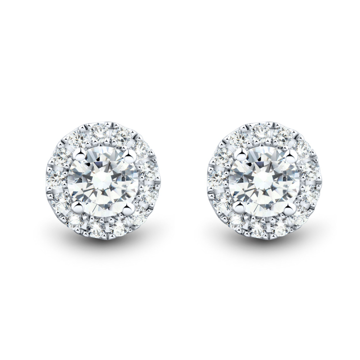 Start2Finish 1 CTW AGI certified lab-grown diamond halo stud earrings in 14K white gold with F-G/VS diamonds, sleek and elegant.