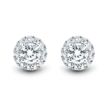 Start2Finish 1 CTW AGI certified lab-grown diamond halo stud earrings in 14K white gold with F-G/VS diamonds, sleek and elegant.