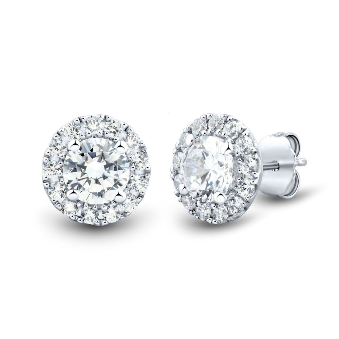 Start2Finish 1 carat lab-grown diamond halo stud earrings in 14K white gold with F-G color and VS clarity, shown on a white background.