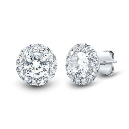 Start2Finish 1 carat lab-grown diamond halo stud earrings in 14K white gold with F-G color and VS clarity, shown on a white background.