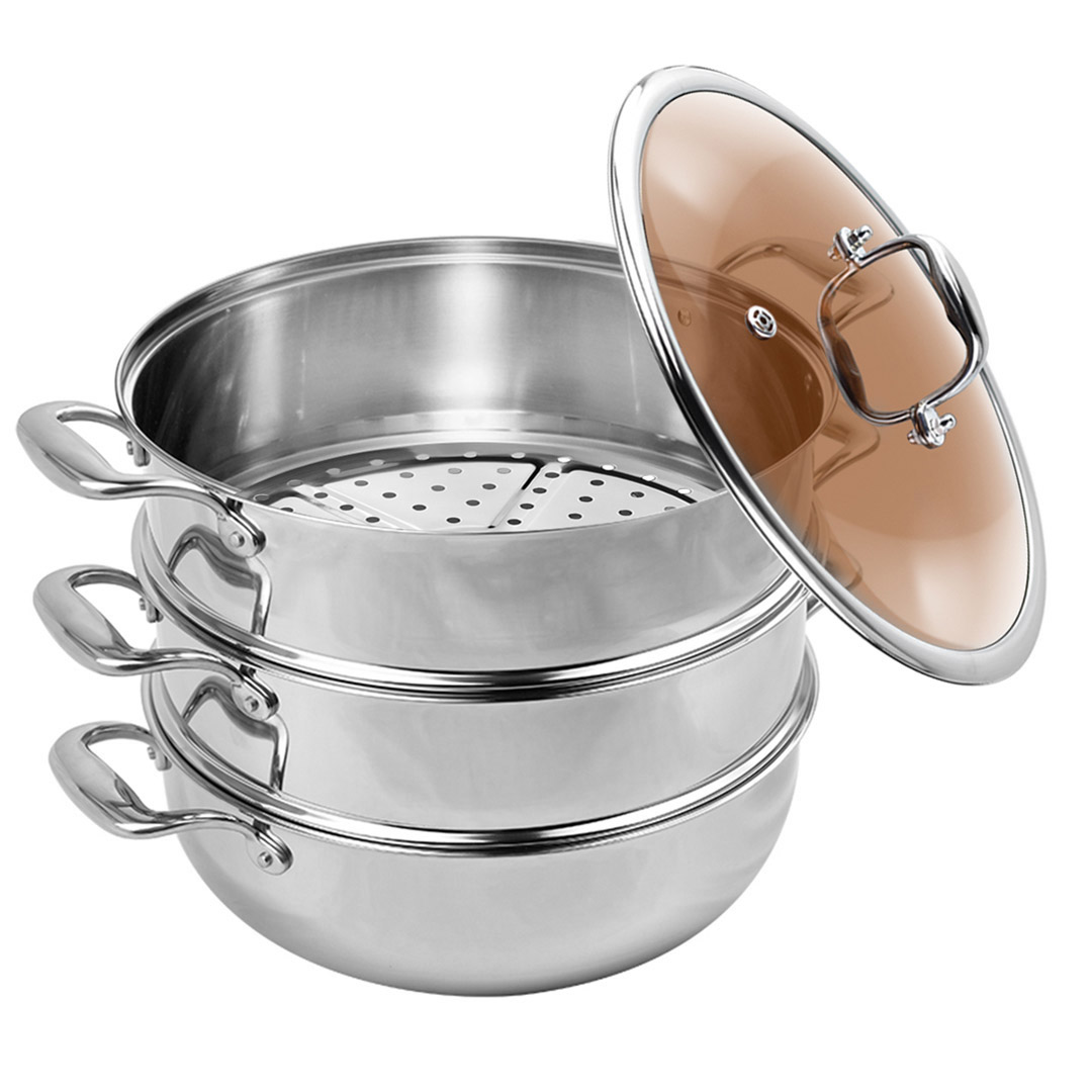 Start2Finish SOGA 3-Tier Stainless Steel Food Steamer with 11.8-inch tiers for steaming vegetables, seafood, and more.