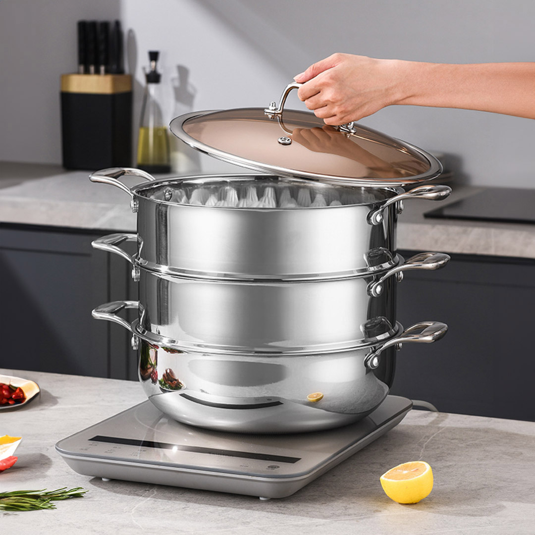 Start2Finish SOGA 3-tier stainless steel food steamer for home use, featuring 11.8-inch multi-tier steaming baskets.