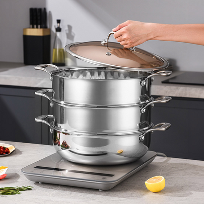 Start2Finish SOGA 3-tier stainless steel food steamer for home use, featuring 11.8-inch multi-tier steaming baskets.