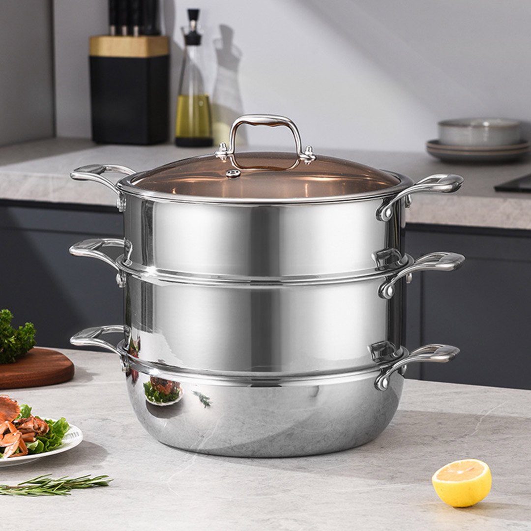 Start2Finish SOGA 3-tier stainless steel food steamer with 11.8-inch tiers for home cooking, durable and versatile kitchen appliance.