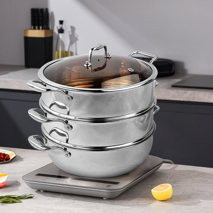 Start2Finish SOGA stainless steel 3-tier food steamer with 11.8-inch trays for home cooking and vegetable steaming.
