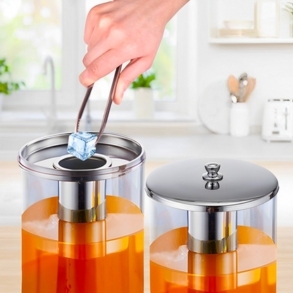 Start2Finish SOGA 1.59-gallon dual dispenser ice cylinder in clear plastic for home use, shown with ice and beverages.