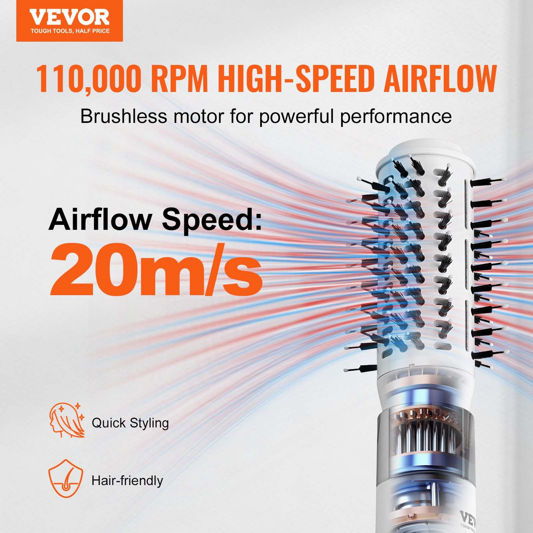 Start2Finish VEVOR ionic hair dryer styler with brushless motor, oval and paddle brushes, high-speed hot air for quick drying and styling.