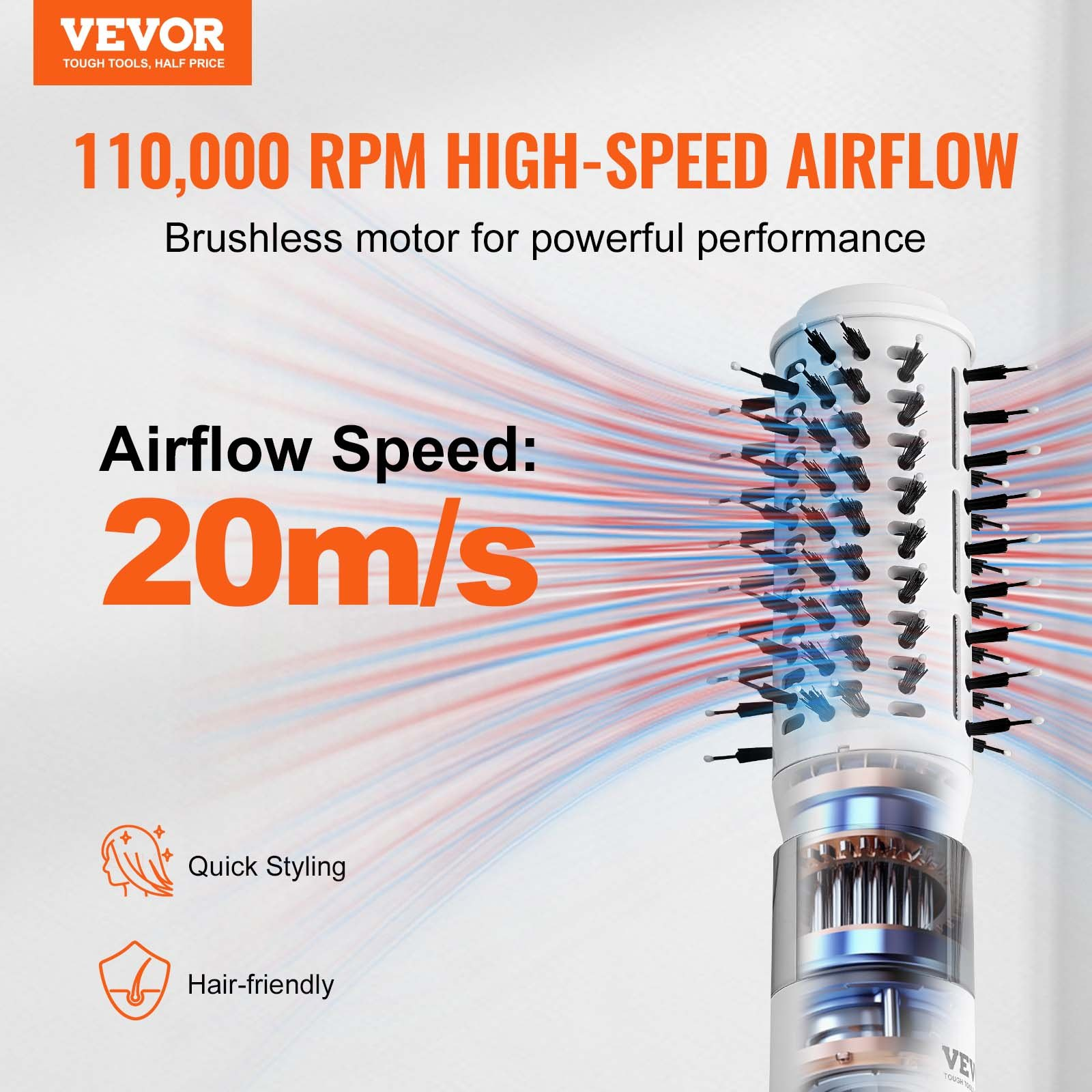 Start2Finish VEVOR ionic hair dryer styler with brushless motor, oval and paddle brushes, high-speed hot air for quick drying and styling.