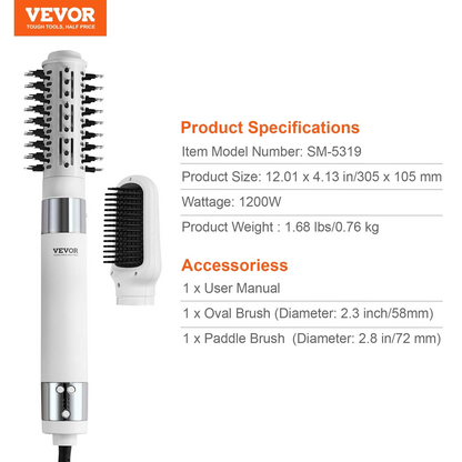 Start2Finish VEVOR ionic hair dryer styler with paddle and oval brushes, high-speed hot air for fast drying and volumizing hair.