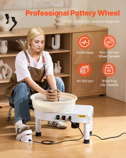 Start2Finish VEVOR pottery wheel with 14-inch ceramic wheel, adjustable speed, foot pedal control, and detachable basin for home pottery.