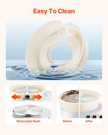 Start2Finish VEVOR pottery wheel with 14-inch ceramic wheel, adjustable speed, foot pedal, detachable basin, and accessories for home use.