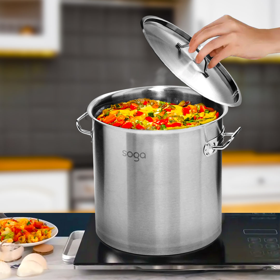 Start2Finish SOGA 5.55-gallon stainless steel stock pot with thick 18/10 construction for home cooking, shown with lid and handles.