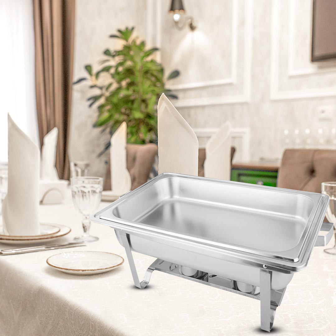 Start2Finish SOGA 2.38-gallon stainless steel chafing dish for catering, full-size food warmer with lid and sturdy handles.