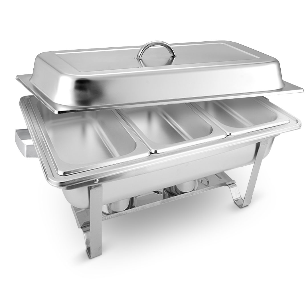 Start2Finish SOGA 3L stainless steel triple tray chafing dish for catering and food warming, with handles and lid for serving.